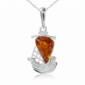 Sailboat Baltic Honey Amber Pendant in Sterling Silver featuring genuine honey Baltic amber set in a polished 925 sterling silver sailboat-inspired design, isolated on a white background.