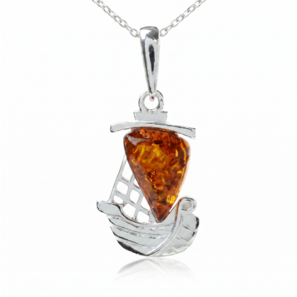 Sailboat Baltic Honey Amber Pendant in Sterling Silver featuring genuine honey Baltic amber set in a polished 925 sterling silver sailboat-inspired design, isolated on a white background.