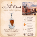 Sailboat Baltic Honey Amber Pendant in Sterling Silver infographic highlighting authentic honey Baltic amber, 925 sterling silver, sailboat-inspired design, handcrafted craftsmanship, pendant dimensions, and Made in Gdańsk, Poland heritage.