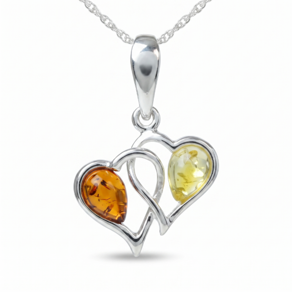Hearts Baltic Honey Amber Pendant in Sterling Silver featuring genuine honey Baltic amber set in a polished 925 sterling silver heart-inspired design, isolated on a white background.