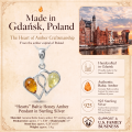 Hearts Baltic Honey Amber Pendant in Sterling Silver infographic highlighting authentic honey Baltic amber, 925 sterling silver, heart-inspired design, handcrafted craftsmanship, pendant dimensions, and Made in Gdańsk, Poland heritage.