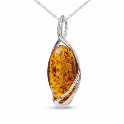 Oriana Baltic Honey Amber Pendant in Sterling Silver featuring genuine honey Baltic amber set in polished 925 sterling silver, isolated on a white background.