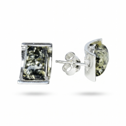 Baltic Green Amber Stud Earrings in Sterling Silver featuring genuine green Baltic amber gemstones set in polished 925 sterling silver, isolated on a white background.