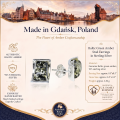 Baltic Green Amber Stud Earrings in Sterling Silver infographic highlighting authentic green Baltic amber, 925 sterling silver, handcrafted craftsmanship, earring dimensions, and Made in Gdańsk, Poland heritage.