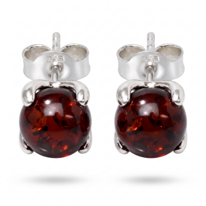 Sadie Cherry Baltic Amber Earrings in Sterling Silver featuring genuine cherry Baltic amber gemstones set in polished 925 sterling silver, isolated on a white background.
