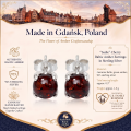 Sadie Cherry Baltic Amber Earrings in Sterling Silver infographic highlighting authentic cherry Baltic amber, 925 sterling silver, handcrafted craftsmanship, earring dimensions, and Made in Gdańsk, Poland heritage.