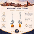 Roses Baltic Honey Amber Drop Earrings in Sterling Silver infographic highlighting authentic honey Baltic amber, 925 sterling silver, rose-inspired design, handcrafted craftsmanship, earring dimensions, and Made in Gdańsk, Poland heritage.
