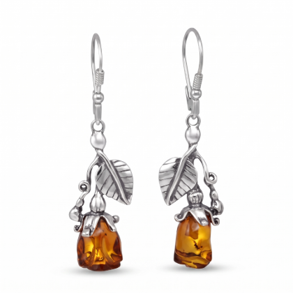 Roses Baltic Honey Amber Drop Earrings in Sterling Silver featuring genuine honey Baltic amber gemstones in an elegant rose-inspired drop design, set in polished 925 sterling silver, isolated on a white background.