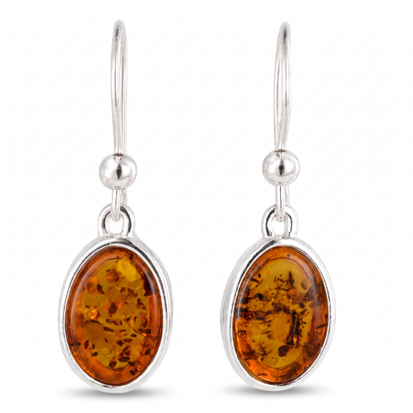 Christy Baltic Honey Amber Earrings in Sterling Silver featuring genuine honey Baltic amber gemstones set in polished 925 sterling silver, isolated on a white background.