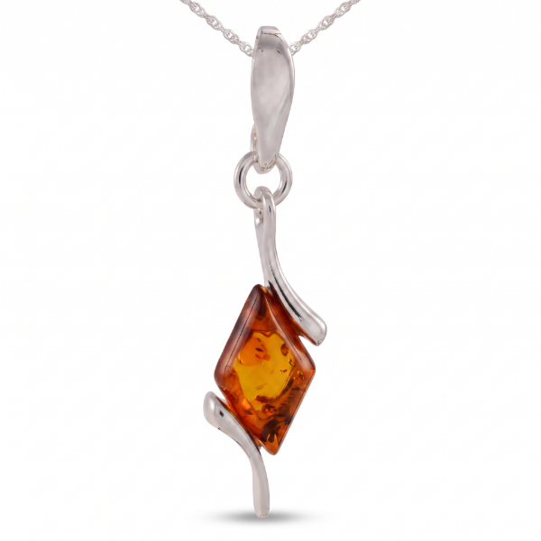 Agnella Baltic Amber Pendant in Sterling Silver featuring genuine Baltic amber set in polished 925 sterling silver, isolated on a white background.