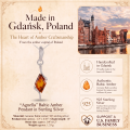 Agnella Baltic Amber Pendant in Sterling Silver infographic highlighting authentic Baltic amber, 925 sterling silver, handcrafted craftsmanship, pendant dimensions, and Made in Gdańsk, Poland heritage.