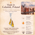 Triangle Baltic Honey Amber Pendant in Sterling Silver infographic highlighting authentic honey Baltic amber, 925 sterling silver, triangle-inspired design, handcrafted craftsmanship, pendant dimensions, and Made in Gdańsk, Poland heritage.
