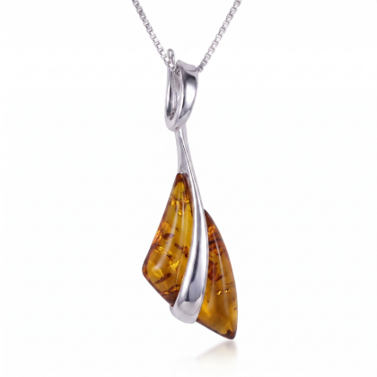 Triangle Baltic Honey Amber Pendant in Sterling Silver featuring genuine honey Baltic amber set in a polished 925 sterling silver triangle-inspired design, isolated on a white background.