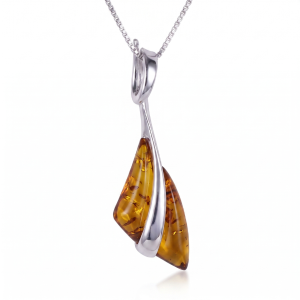 Triangle Baltic Honey Amber Pendant in Sterling Silver featuring genuine honey Baltic amber set in a polished 925 sterling silver triangle-inspired design, isolated on a white background.