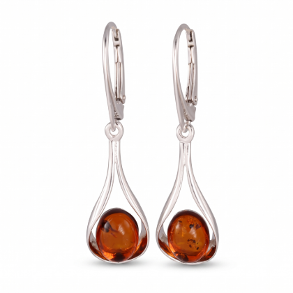 Baltic Honey Amber Drop Earrings in Sterling Silver featuring genuine honey Baltic amber gemstones in an elegant drop design, set in polished 925 sterling silver, isolated on a white background.