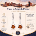Baltic Honey Amber Drop Earrings in Sterling Silver infographic highlighting authentic honey Baltic amber, 925 sterling silver, handcrafted craftsmanship, earring dimensions, and Made in Gdańsk, Poland heritage.