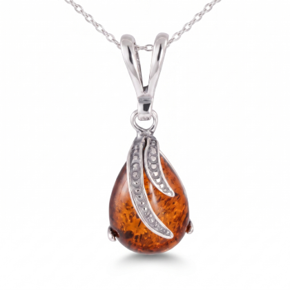 Aniela Baltic Honey Amber Pendant in Sterling Silver featuring genuine honey Baltic amber set in polished 925 sterling silver, isolated on a white background.
