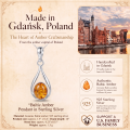 Baltic Amber Pendant in Sterling Silver infographic highlighting authentic Baltic amber, 925 sterling silver, handcrafted craftsmanship, pendant dimensions, and Made in Gdańsk, Poland heritage.