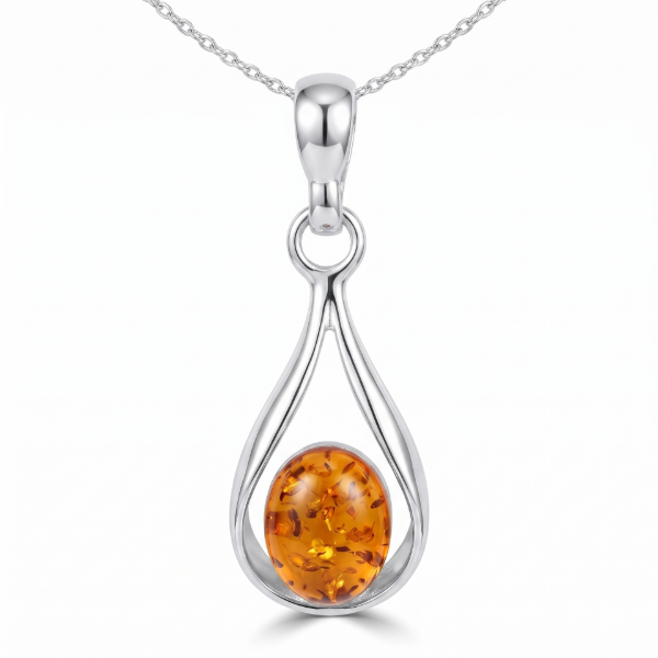 Baltic Amber Pendant in Sterling Silver featuring genuine Baltic amber set in polished 925 sterling silver, isolated on a white background.