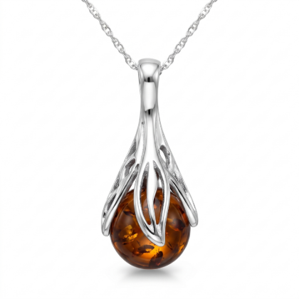 Aurelia Baltic Amber Pendant in Sterling Silver featuring genuine Baltic amber set in polished 925 sterling silver, isolated on a white background.