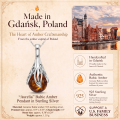 Aurelia Baltic Amber Pendant in Sterling Silver infographic highlighting authentic Baltic amber, 925 sterling silver, handcrafted craftsmanship, pendant dimensions, and Made in Gdańsk, Poland heritage.
