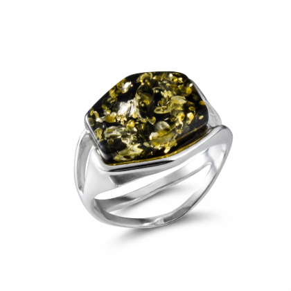 Baltic Green Amber Ring in Sterling Silver featuring genuine green Baltic amber set in polished 925 sterling silver, isolated on a white background.