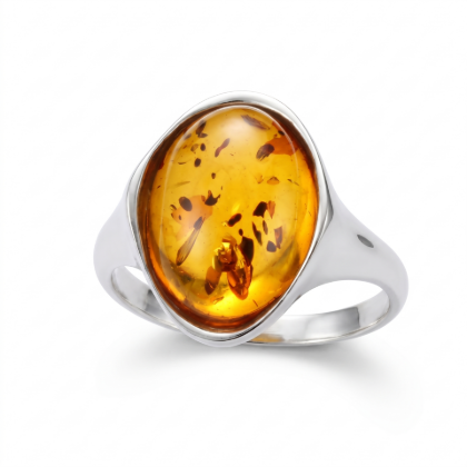 Abigail Baltic Honey Amber Ring in Sterling Silver featuring genuine honey Baltic amber set in polished 925 sterling silver, isolated on a white background.