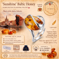 Sunshine Baltic Honey Amber Adjustable Ring in Sterling Silver infographic highlighting authentic honey Baltic amber, 925 sterling silver, adjustable design, handcrafted craftsmanship, ring dimensions, and Made in Gdańsk, Poland heritage.