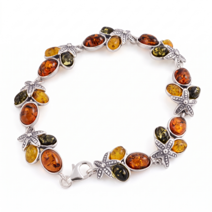 Coral Reef Baltic Amber Bracelet in Sterling Silver featuring genuine Baltic amber gemstones set in polished 925 sterling silver, isolated on a white background.