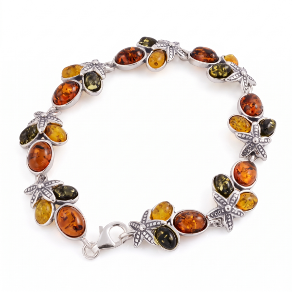Coral Reef Baltic Amber Bracelet in Sterling Silver featuring genuine Baltic amber gemstones set in polished 925 sterling silver, isolated on a white background.
