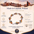 Coral Reef Baltic Amber Bracelet in Sterling Silver infographic highlighting authentic Baltic amber, 925 sterling silver, coral reef-inspired design, handcrafted craftsmanship, bracelet dimensions, and Made in Gdańsk, Poland heritage.