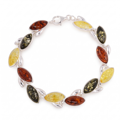 Baltic Amber Bracelet in Sterling Silver featuring genuine Baltic amber gemstones set in polished 925 sterling silver, isolated on a white background.