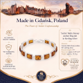 Lottie Baltic Honey Amber Bracelet in Sterling Silver infographic highlighting authentic honey Baltic amber, 925 sterling silver, handcrafted craftsmanship, bracelet dimensions, and Made in Gdańsk, Poland heritage.