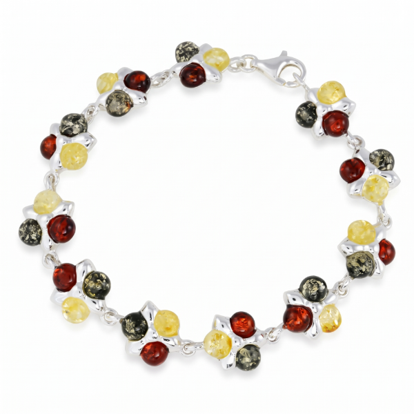 Lily Baltic Amber Bracelet in Sterling Silver featuring genuine Baltic amber gemstones set in polished 925 sterling silver, isolated on a white background.