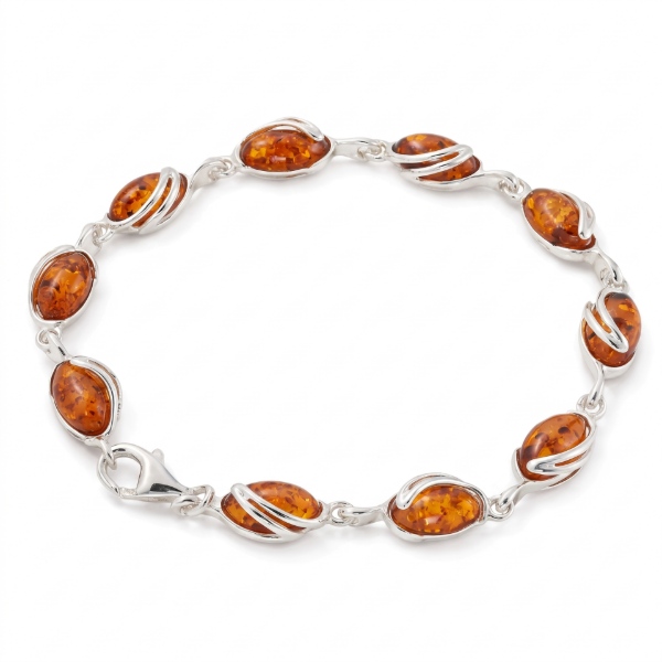 GIA Certified Baltic Honey Amber Bracelet in Sterling Silver featuring genuine honey Baltic amber gemstones set in polished 925 sterling silver, isolated on a white background.