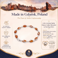 GIA Certified Baltic Honey Amber Bracelet in Sterling Silver infographic highlighting authentic honey Baltic amber, GIA certification, 925 sterling silver, handcrafted craftsmanship, bracelet dimensions, and Made in Gdańsk, Poland heritage.