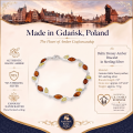 Baltic Honey Amber Bracelet in Sterling Silver infographic highlighting authentic honey Baltic amber, 925 sterling silver, handcrafted craftsmanship, bracelet dimensions, and Made in Gdańsk, Poland heritage.