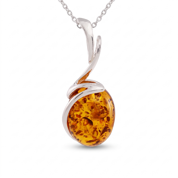 Baltic Honey Amber Pendant Necklace in Sterling Silver featuring genuine honey Baltic amber set in polished 925 sterling silver, isolated on a white background.