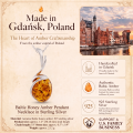 Baltic Honey Amber Pendant Necklace in Sterling Silver infographic highlighting authentic honey Baltic amber, 925 sterling silver, handcrafted craftsmanship, pendant dimensions, and Made in Gdańsk, Poland heritage.