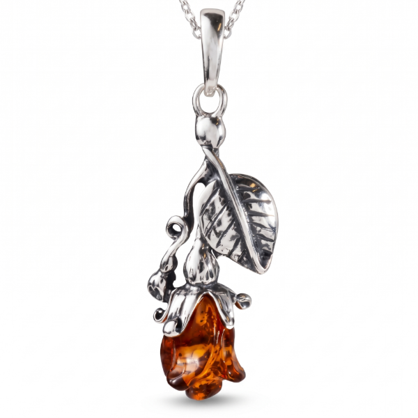 Rose Baltic Amber Pendant in Sterling Silver featuring genuine Baltic amber set in a polished 925 sterling silver rose-inspired design, isolated on a white background.