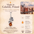 Rose Baltic Amber Pendant in Sterling Silver infographic highlighting authentic Baltic amber, 925 sterling silver, rose-inspired design, handcrafted craftsmanship, pendant dimensions, and Made in Gdańsk, Poland heritage.