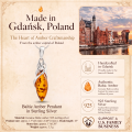 Baltic Amber Pendant in Sterling Silver infographic highlighting authentic Baltic amber, 925 sterling silver, handcrafted craftsmanship, pendant dimensions, and Made in Gdańsk, Poland heritage.