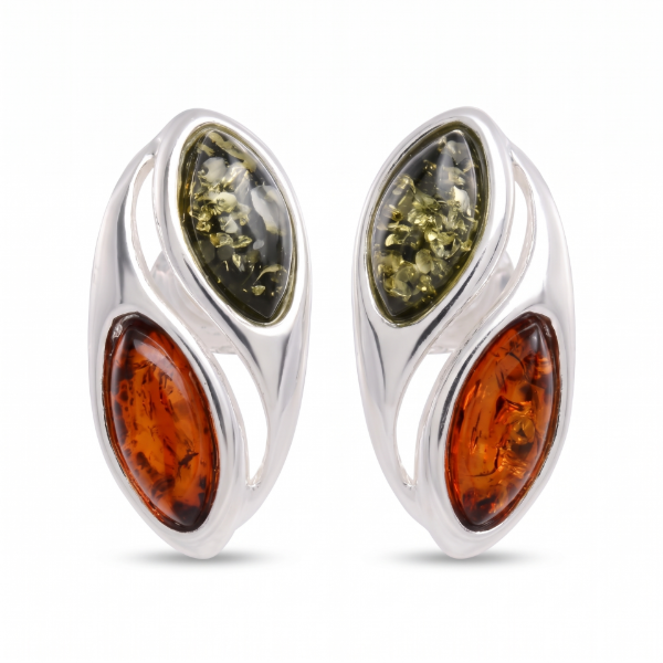 Baltic Honey Amber Oval Stud Earrings in Sterling Silver featuring genuine oval-shaped honey Baltic amber gemstones set in polished 925 sterling silver, isolated on a white background.