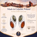 Baltic Honey Amber Oval Stud Earrings in Sterling Silver infographic highlighting authentic honey Baltic amber, 925 sterling silver, handcrafted craftsmanship, earring dimensions, and Made in Gdańsk, Poland heritage.