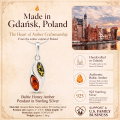 Baltic Honey Amber Pendant in Sterling Silver infographic highlighting authentic honey Baltic amber, 925 sterling silver, handcrafted craftsmanship, pendant dimensions, and Made in Gdańsk, Poland heritage.