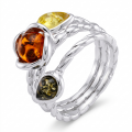 Multicolor Baltic Amber Ring in Sterling Silver featuring genuine multicolor Baltic amber gemstones set in polished 925 sterling silver, isolated on a white background.