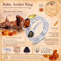 Multicolor Baltic Amber Ring in Sterling Silver infographic highlighting authentic multicolor Baltic amber, 925 sterling silver, handcrafted craftsmanship, ring dimensions, and Made in Gdańsk, Poland heritage.