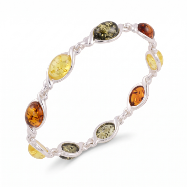 Agnes Multicolor Baltic Amber Bracelet in Sterling Silver featuring genuine multicolor Baltic amber gemstones set in polished 925 sterling silver, isolated on a white background.