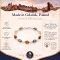 Agnes Multicolor Baltic Amber Bracelet in Sterling Silver infographic highlighting authentic multicolor Baltic amber, 925 sterling silver, handcrafted craftsmanship, bracelet dimensions, and Made in Gdańsk, Poland heritage.