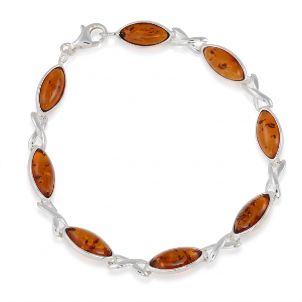 Sunny Baltic Honey Amber Bracelet in Sterling Silver featuring genuine honey Baltic amber gemstones set in polished 925 sterling silver, isolated on a white background.